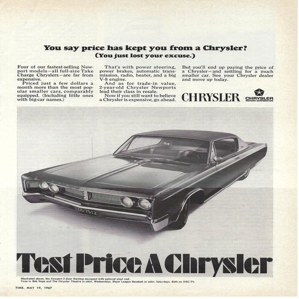 1967 Chrysler Newport Test Price A Chrysler Vintage Magazine Print Ad/Poster